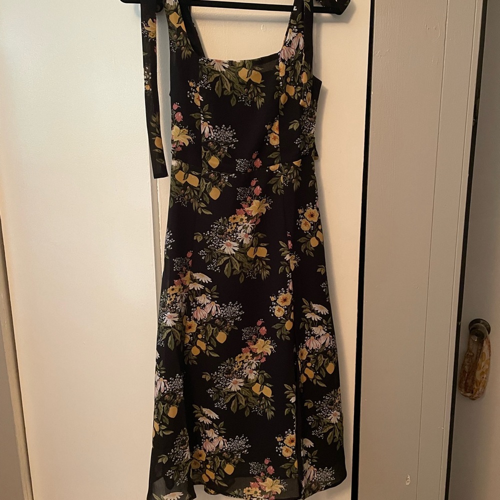 Floral Midi Dress in Black with Yellow & Green Print
